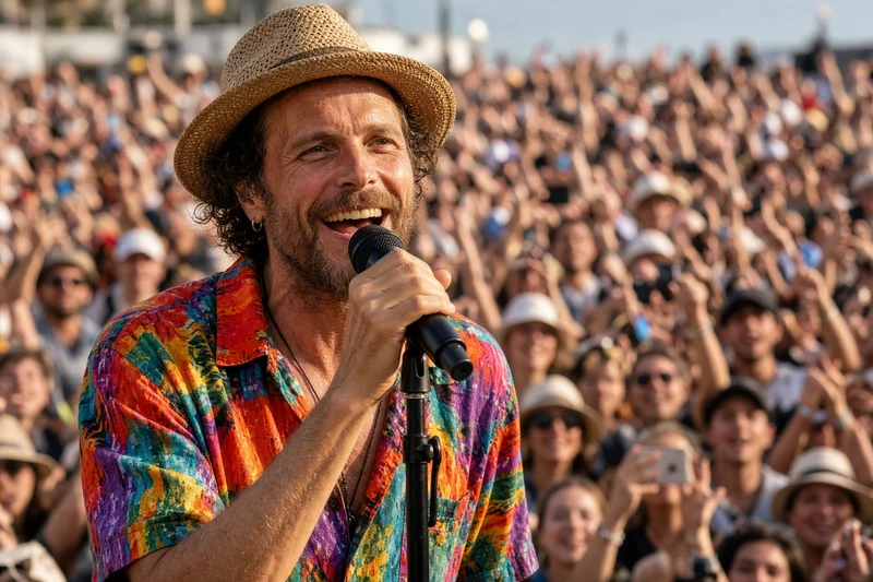 Jovanotti sul palco durante un concerto; illustrazione editoriale IA non documentaria.