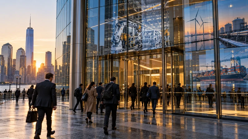 Illustrazione editoriale IA di una sede finanziaria di New York con richiami a manifattura, energia e logistica.