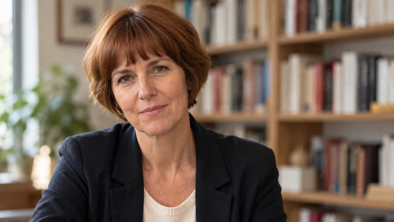 Ritratto editoriale di Julia Deck generato con IA sulla base di un riferimento fotografico della Fondazione Bottari Lattes; non è una fotografia documentaria.
