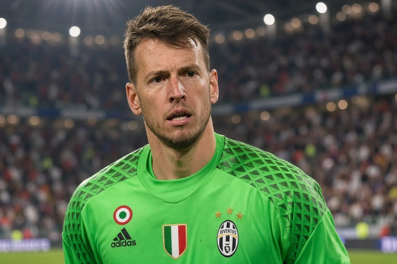 Sosia di Norberto Neto in maglia portiere Juventus; illustrazione editoriale IA non documentaria.