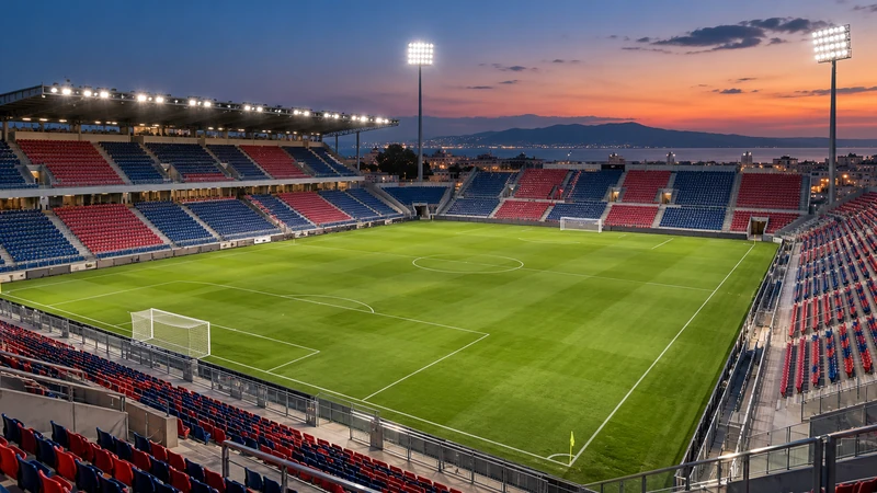 Illustrazione editoriale IA del contesto dello stadio Unipol Domus per Cagliari-Juventus; non è una fotografia della partita.