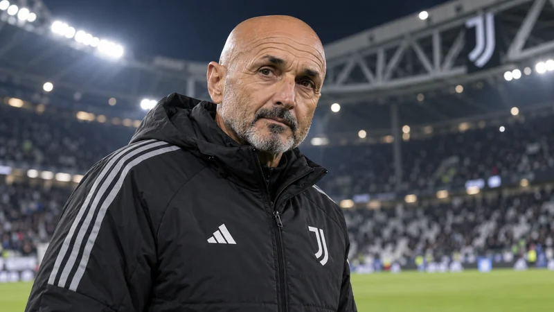 Somiglianza sintetica editoriale di Luciano Spalletti con giacca Juventus nello stadio di Torino, non fotografia del dopo partita.