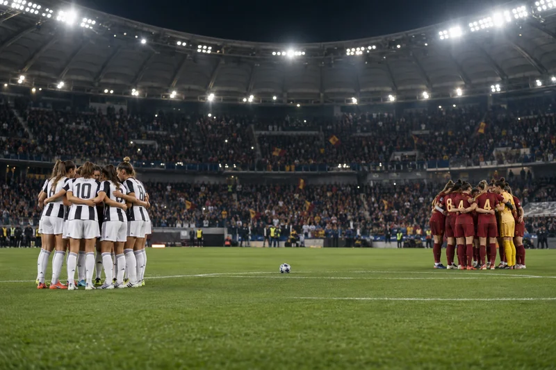 Scena editoriale contestuale generata con IA: due squadre di calcio femminile in bianconero e rosso si preparano alla finale; non è una fotografia documentaria.