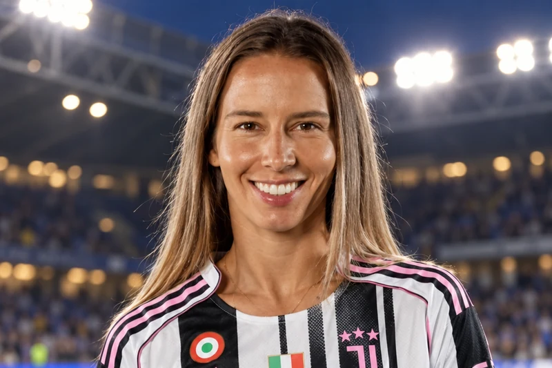 Scena editoriale contestuale IA con somiglianza sintetica di Tatiana Pinto in divisa Juventus Women a bordo campo; non è una fotografia della partita.