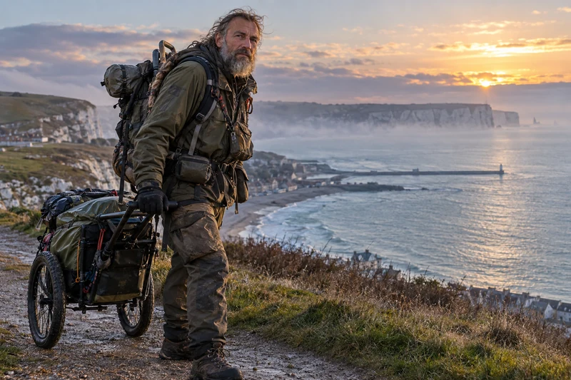 Karl Bushby con il carrello da spedizione su una costa della Manica all’alba; scena editoriale contestuale generata con IA, non documentaria.