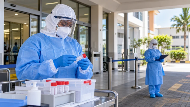 Illustrazione editoriale IA di operatori sanitari in un punto di controllo ospedaliero in Kenya; scena non documentaria.