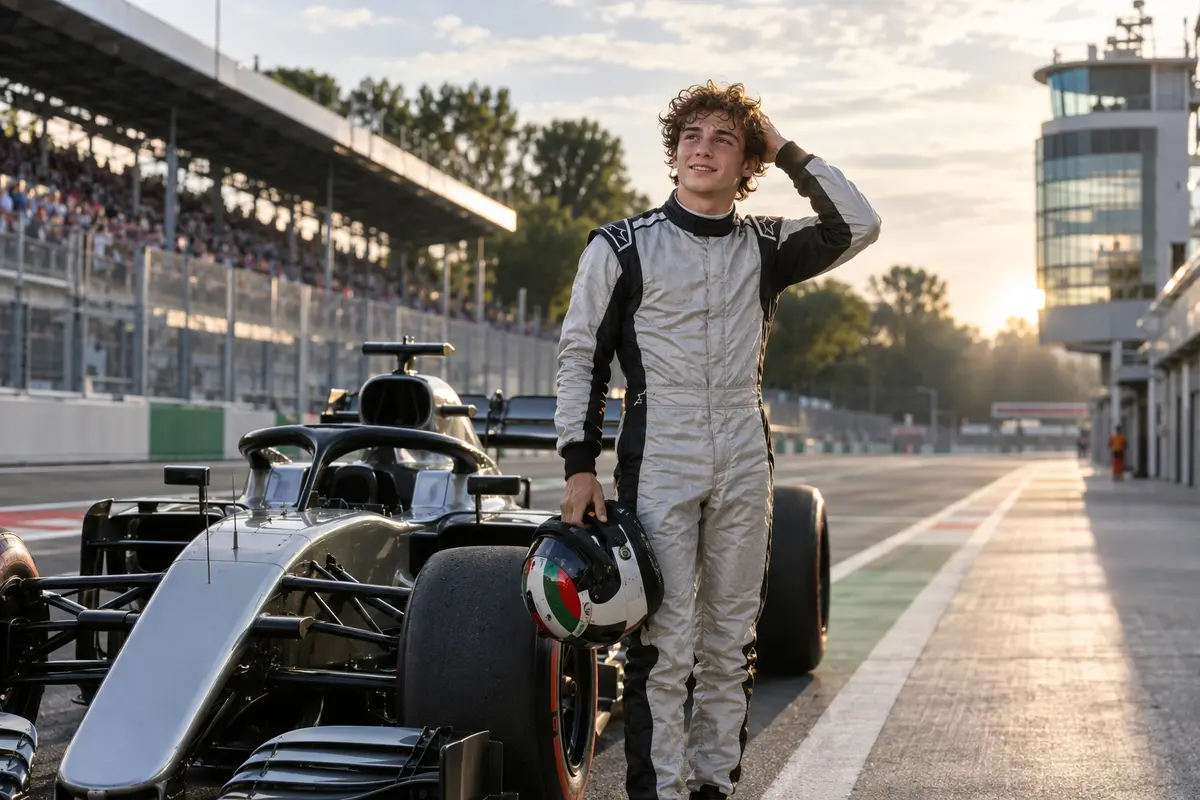 Illustrazione editoriale di repertorio dedicata a Kimi Antonelli e alla Formula 1