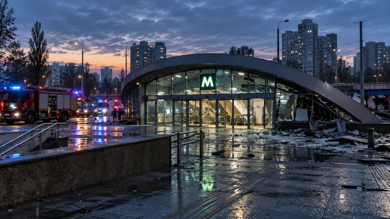 Illustrazione editoriale IA dell’ingresso di una stazione della metropolitana di Kyiv dopo un attacco notturno, senza vittime visibili.