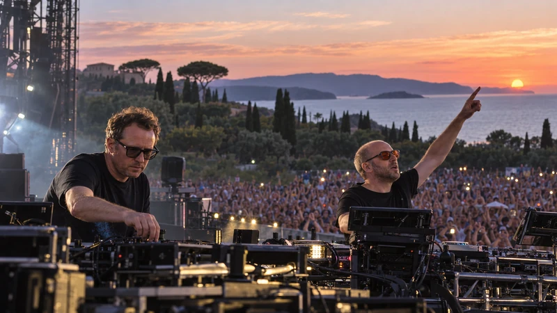 Illustrazione editoriale IA dei Chemical Brothers durante un festival al tramonto in Toscana; scena non documentaria.