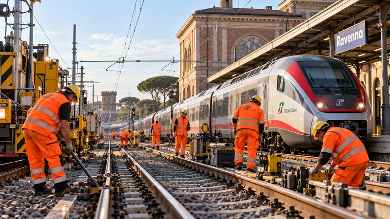 Illustrazione editoriale IA ultrarealistica di lavori ferroviari sulla linea Ravenna-Rimini con treno fermo; scena non documentaria.
