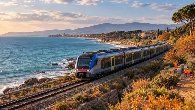 Illustrazione editoriale IA di un treno regionale lungo la costa toscana; non documenta i lavori reali.