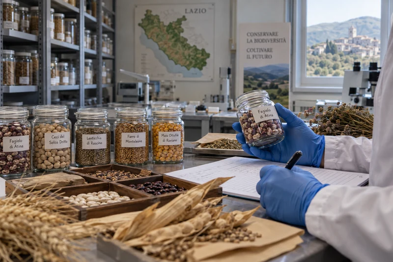Illustrazione editoriale IA di una banca dei semi del Lazio con campioni agricoli locali catalogati; scena non documentaria.