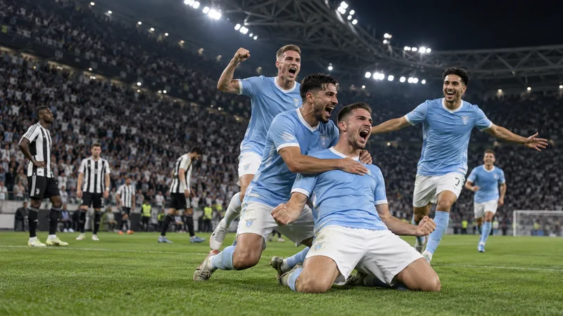 Illustrazione editoriale IA dei giocatori della Lazio in festa dopo una vittoria a Torino.
