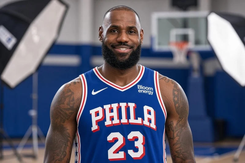 LeBron James a testa rasata con la maglia blu PHILA 23 dei Philadelphia 76ers al Media Day; illustrazione editoriale IA non documentaria.