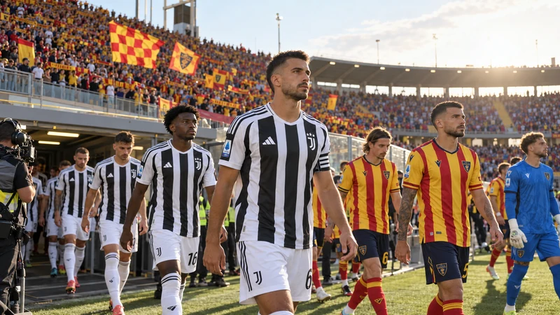 Giocatori di Lecce e Juventus entrano in campo al Via del Mare, illustrazione editoriale generata con IA