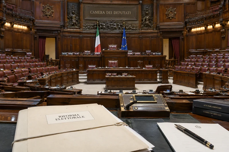 Illustrazione editoriale generata con IA: Aula della Camera dei deputati con bandiere italiana ed europea e fascicolo in primo piano recante la scritta Riforma elettorale; non è una fotografia documentaria.