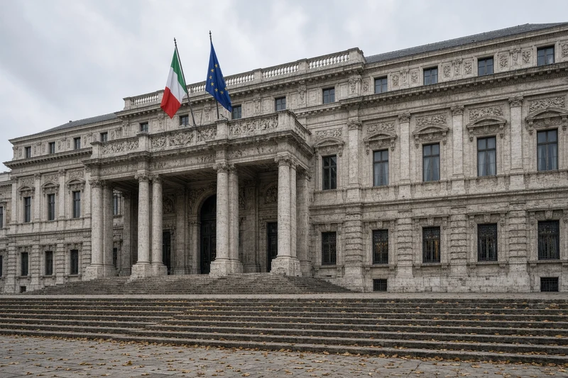 Illustrazione editoriale generata con IA: facciata di Palazzo Montecitorio a Roma con bandiere italiana ed europea, senza politici riconoscibili; non è una fotografia documentaria.