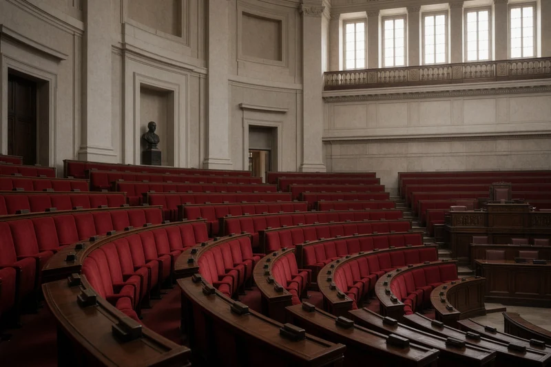 Illustrazione editoriale IA di un’aula parlamentare italiana vuota; scena non documentaria.