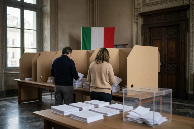 Seggio elettorale italiano con cabine di cartone, schede e urna trasparente; illustrazione editoriale IA, non una fotografia documentaria.
