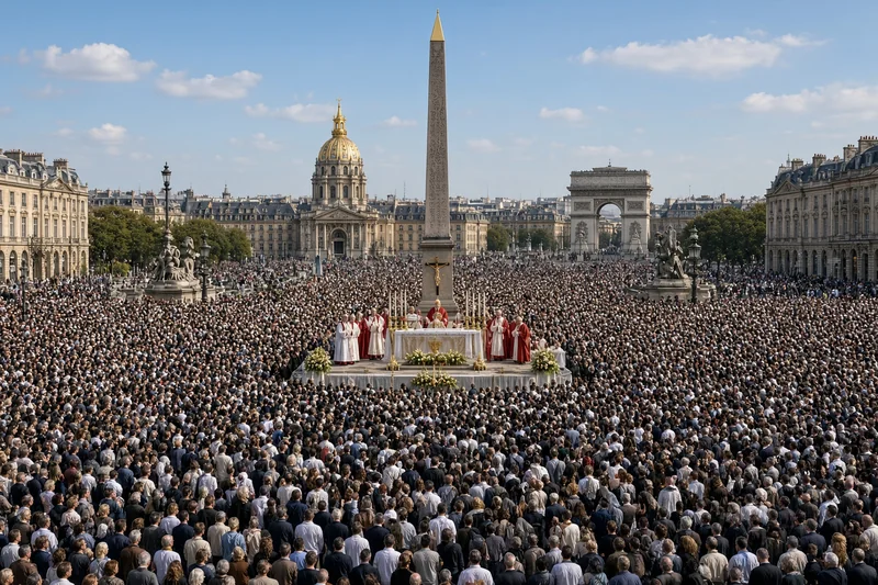 Place de la Concorde a Parigi, con l'obelisco e la folla vista di spalle.