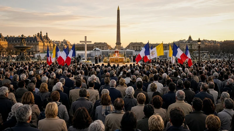 Place de la Concorde preparata per una messa all'aperto, con l'obelisco e file di sedie verso i Champs-Élysées, senza volti riconoscibili.