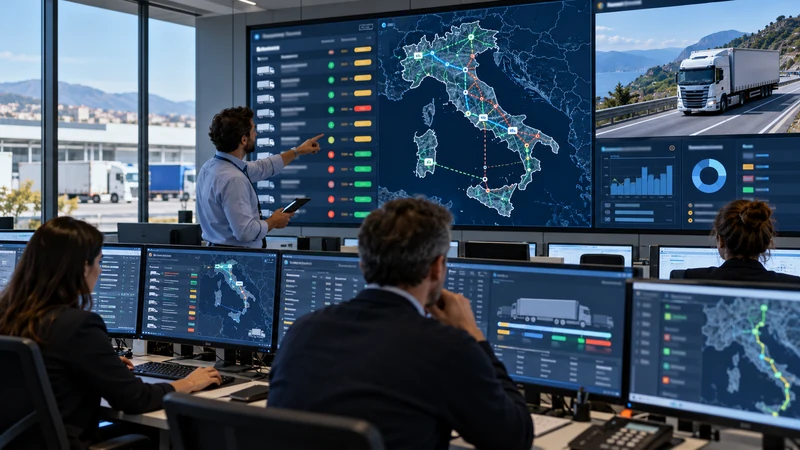 Illustrazione editoriale IA di un centro logistico italiano che monitora spedizioni e documenti digitali; scena non documentaria.