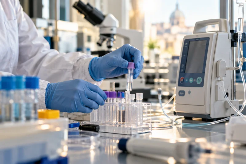 Illustrazione editoriale generata con IA di un laboratorio oncologico con provette, microscopio e pompa d'infusione; scena concettuale non documentaria.
