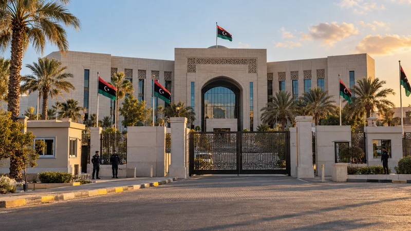 Illustrazione editoriale IA della sede del National Audit Bureau di Tripoli in una situazione controllata; scena non documentaria.