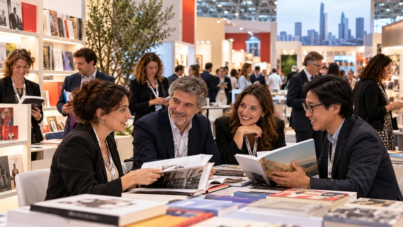 Illustrazione editoriale IA di professionisti dei diritti editoriali tra libri alla Fiera di Francoforte; scena non documentaria.