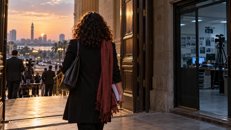 Giornalista vista di spalle esce da un tribunale del Cairo al tramonto, illustrazione editoriale IA