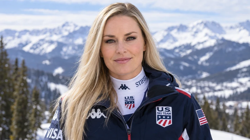 Ritratto editoriale neutrale isolato di Lindsey Vonn in abbigliamento della squadra statunitense; somiglianza sintetica IA non documentaria.
