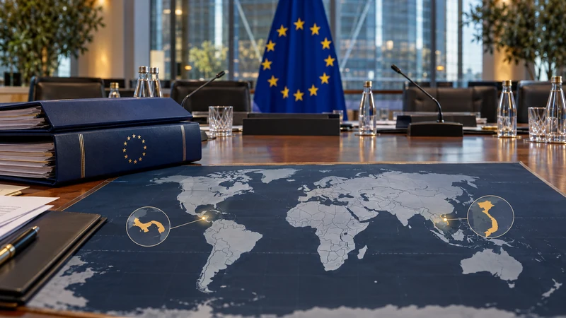 Illustrazione editoriale IA ultrarealistica di un tavolo del Consiglio UE con Panama e Vietnam evidenziati su una mappa; scena non documentaria.