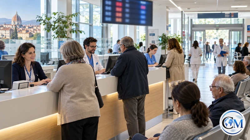 Illustrazione editoriale IA ultrarealistica di un centro prenotazioni ospedaliero italiano; nessun dato personale è visibile.