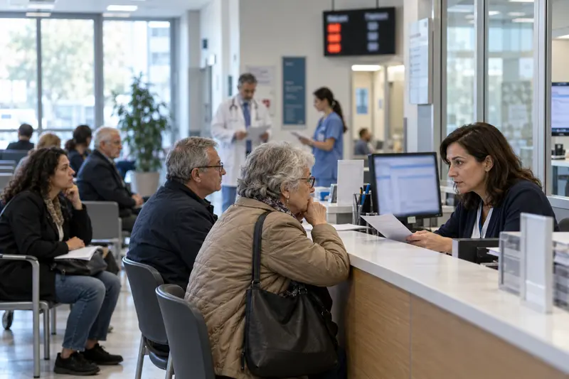 Pazienti in un centro prenotazioni ospedaliero parlano con personale sanitario; illustrazione editoriale IA non documentaria.