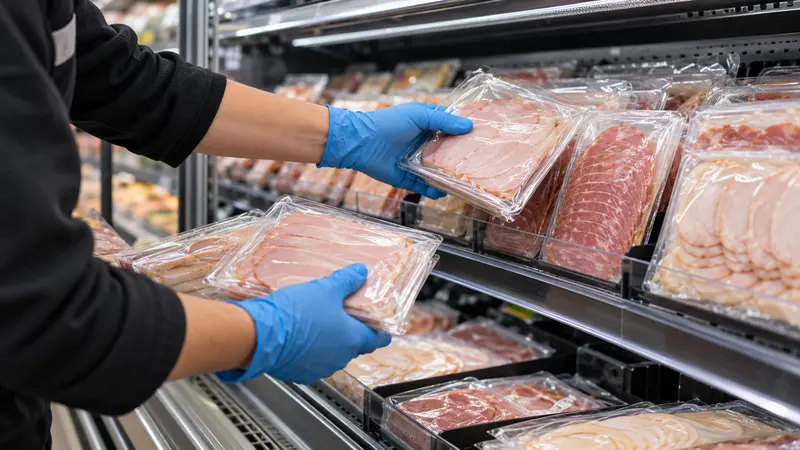 Illustrazione editoriale IA di confezioni di gastronomia refrigerata controllate in un laboratorio alimentare.