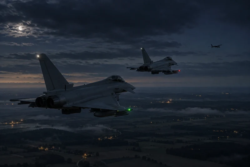 Illustrazione editoriale IA di due Eurofighter in missione notturna sopra la Lituania mentre intercettano un drone lontano; scena non documentaria