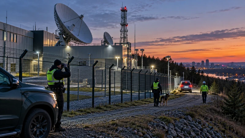 Illustrazione editoriale IA di una struttura di telecomunicazioni protetta vicino a Vilnius con pattuglie e tecnici.