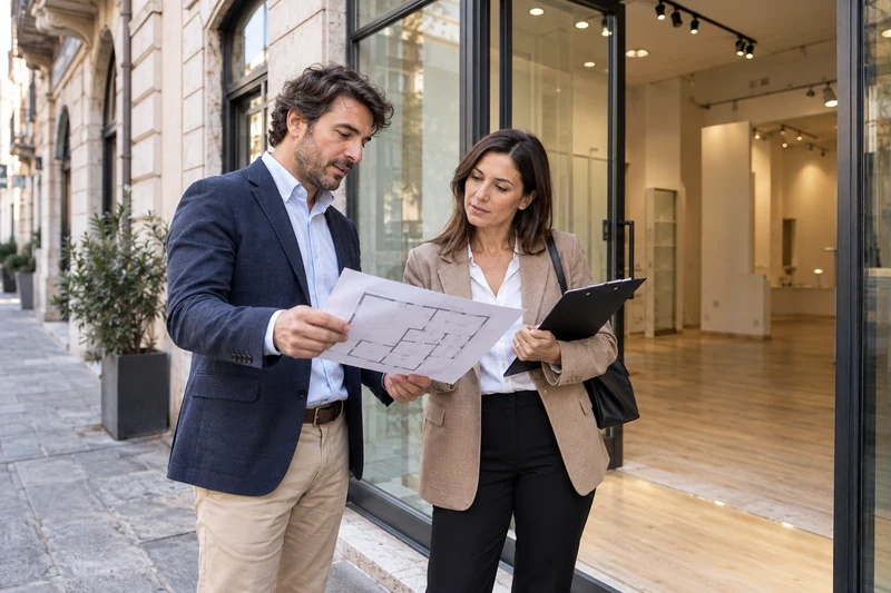 Imprenditore e professionista esaminano la planimetria davanti a un locale commerciale; illustrazione IA non documentaria.