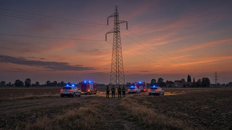 Un traliccio dell'alta tensione in aperta campagna, senza persone.