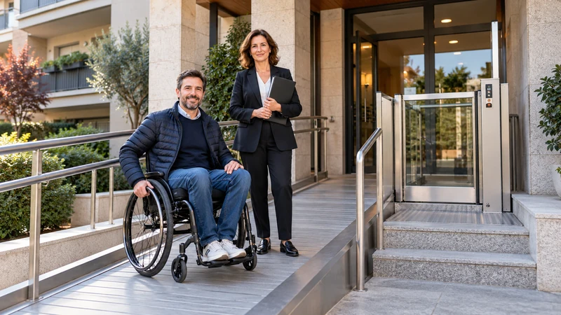 Ingresso residenziale accessibile con rampa e piattaforma elevatrice, illustrazione editoriale IA non documentaria.