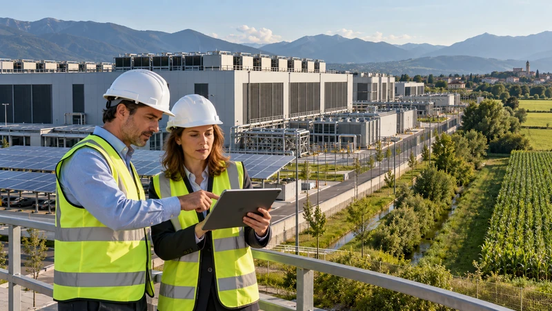 Illustrazione editoriale IA di un data center in un’area industriale riqualificata della Lombardia con tecnici e terreni agricoli vicini; scena non documentaria.