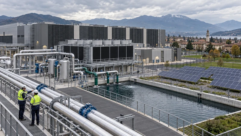 Illustrazione editoriale IA di un data center lombardo con sistemi di raffreddamento ed energia rinnovabile; scena simbolica non documentaria.