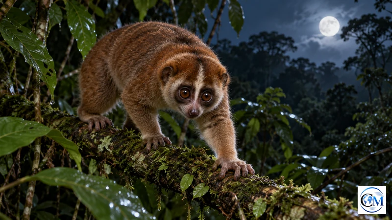 Loris lento di Bangka tra i rami di una foresta tropicale notturna