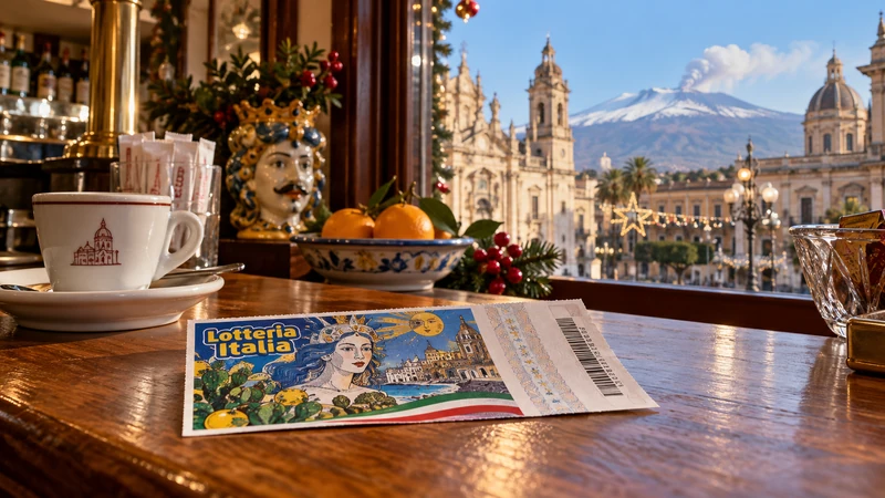 Illustrazione editoriale IA ultrarealistica di un biglietto della Lotteria Italia ad Acireale con l'Etna sullo sfondo; scena non documentaria.