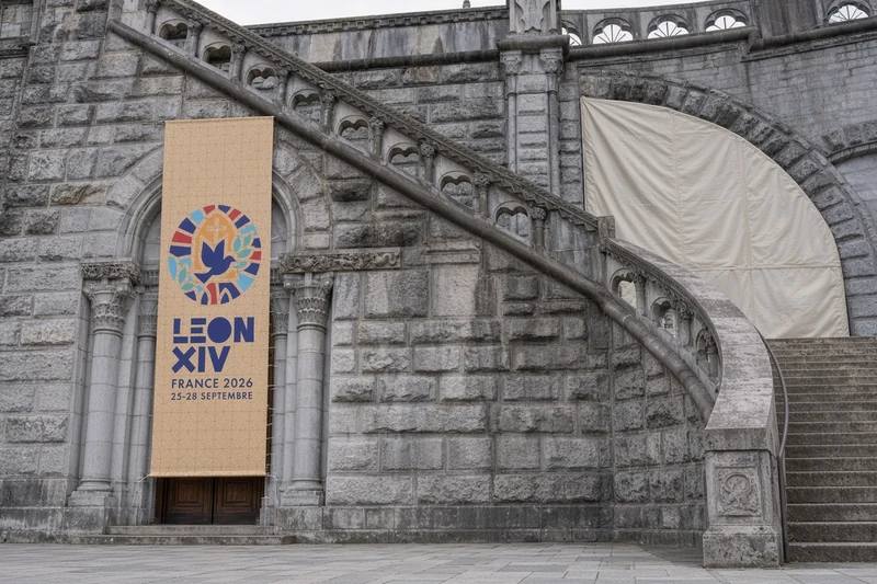 Basilica del Rosario a Lourdes con mosaici coperti e banner Leone XIV; illustrazione editoriale IA non documentaria.