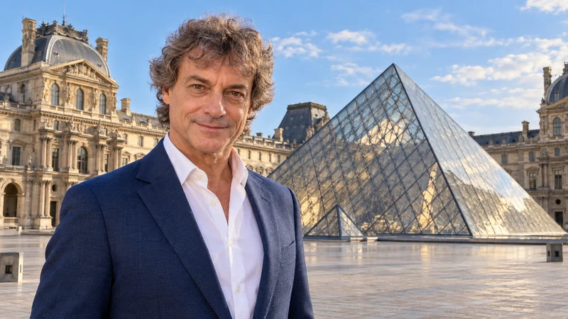 Scena editoriale IA con somiglianza sintetica di Alberto Angela nel cortile del Louvre; non è un fotogramma del documentario.
