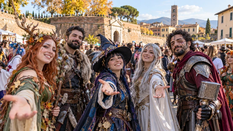 Illustrazione editoriale IA di cosplayer originali davanti alle mura di Lucca durante il festival; scena non documentaria.
