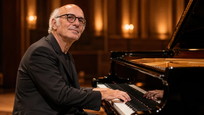 Illustrazione editoriale IA con somiglianza sintetica di Ludovico Einaudi al pianoforte, in una sala da concerto neutra e senza ricostruzione di una proiezione reale.
