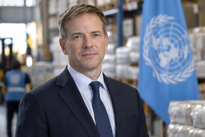 Scena editoriale contestuale generata con IA: Luke Lindberg riconoscibile in un centro logistico umanitario, con bandiera ONU sfocata; somiglianza sintetica, non è una fotografia documentaria.
