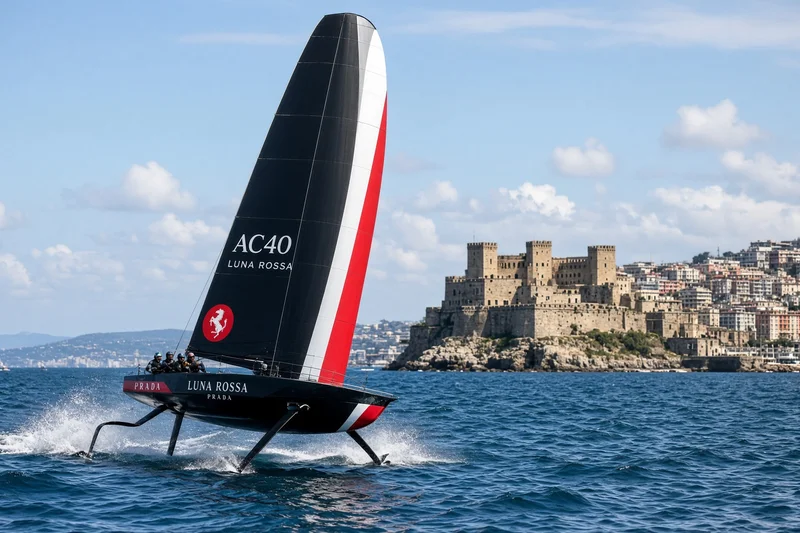 AC40 Luna Rossa in foiling nel Golfo di Napoli; illustrazione editoriale IA non documentaria.
